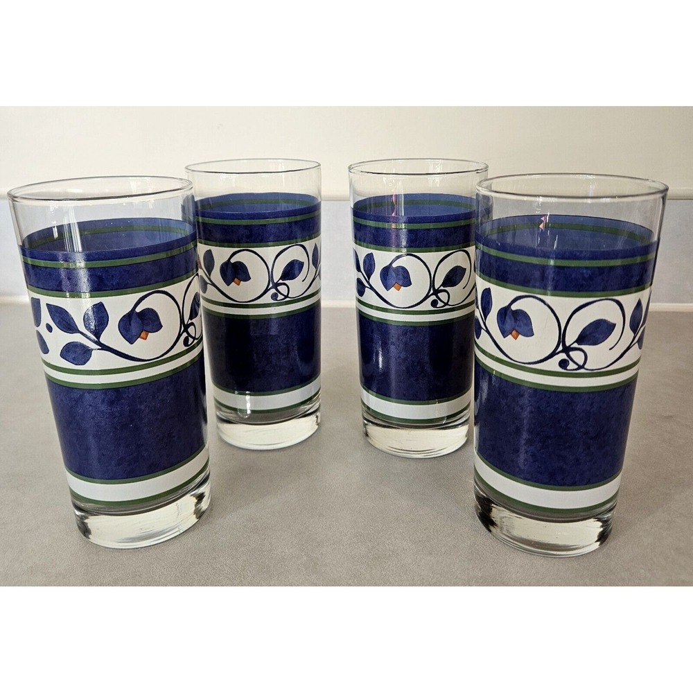 *Set‎ 4 Pfaltzgraff ORLEANS Glassware Glasses Tumblers Floral Blue Green 16oz